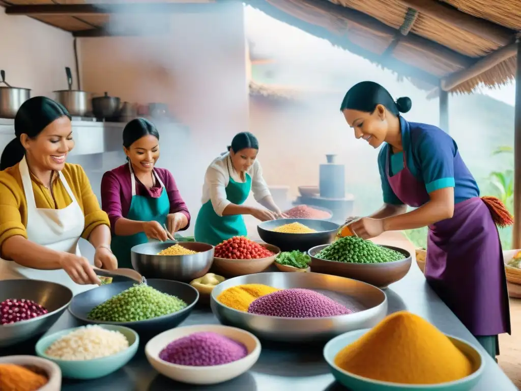 Un vibrante escenario de cocina peruana tradicional con ingredientes autóctonos