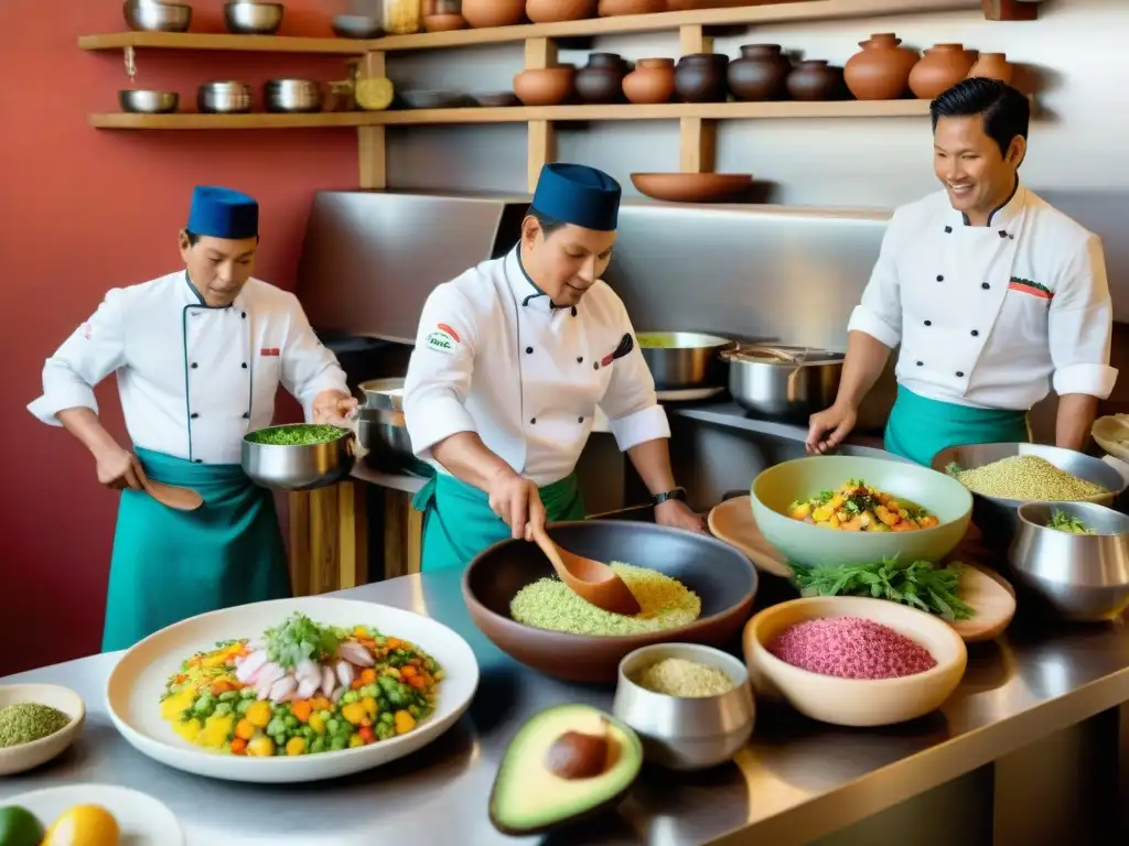 Un vibrante escenario de cocina peruana saludable, chefs preparan platos ligeros con ingredientes frescos y coloridos en platos tradicionales peruanos