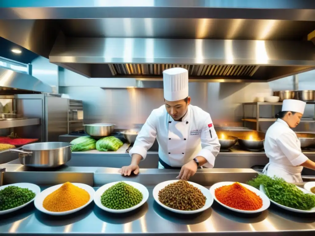 Un vibrante escenario en la cocina de un restaurante de fusión peruanoasiática, reflejando la innovación culinaria