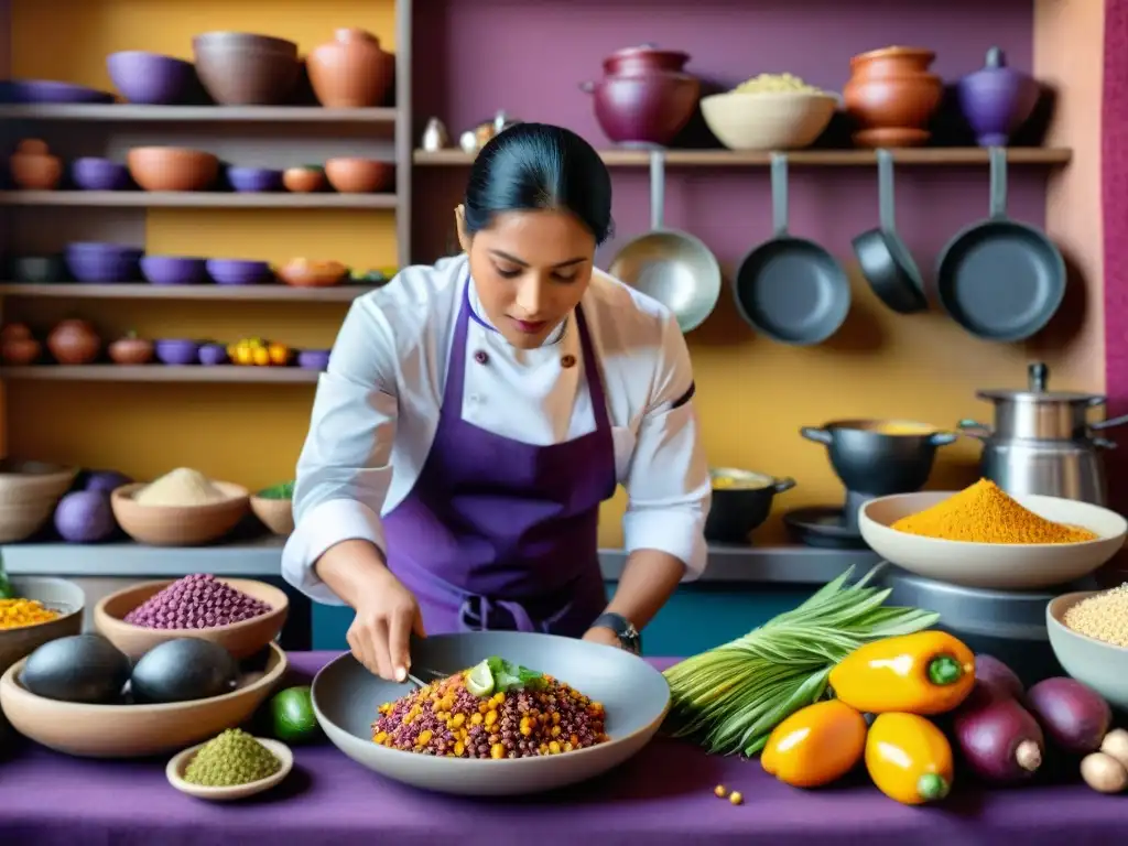 Un vibrante escenario de una cocina tradicional peruana llena de actividad, con ingredientes locales y un chef preparando platos tradicionales