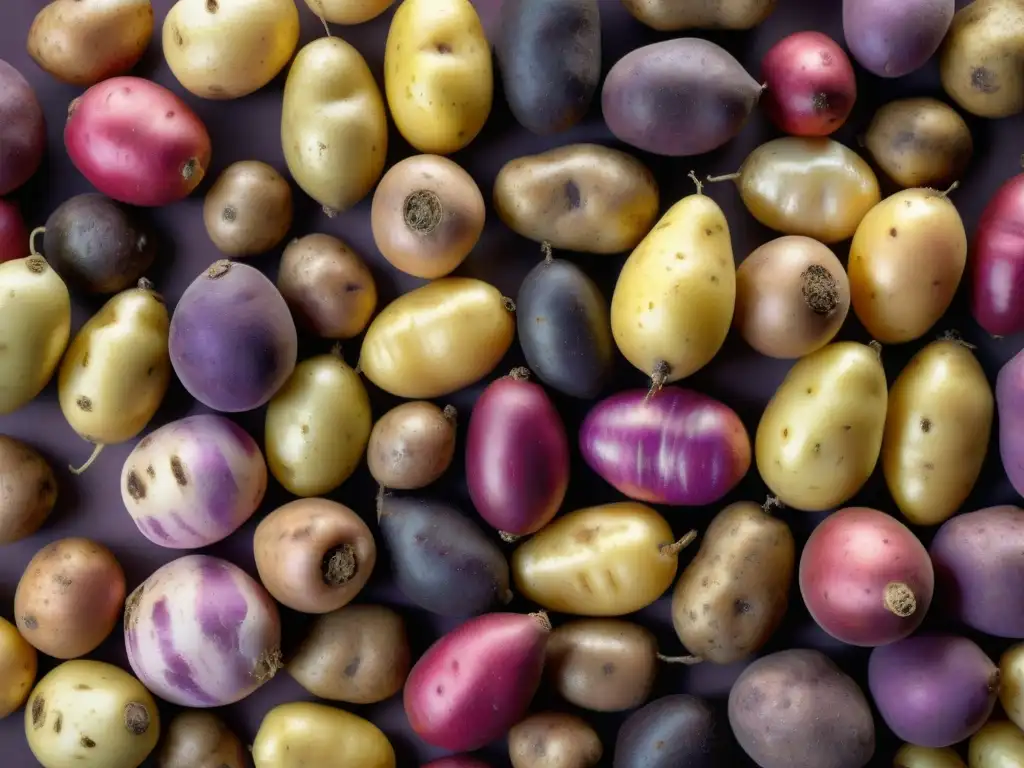 Una vibrante exhibición de diversas variedades de papas peruanas autóctonas, destacando su diversidad y significado cultural