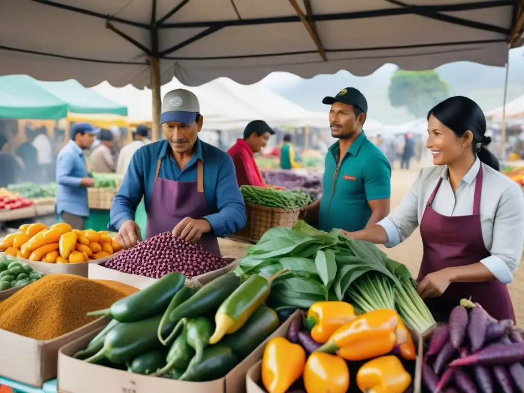 Una vibrante feria de alimentos en Perú con productos locales y chefs de Startups gastronómicas sostenibles en Perú