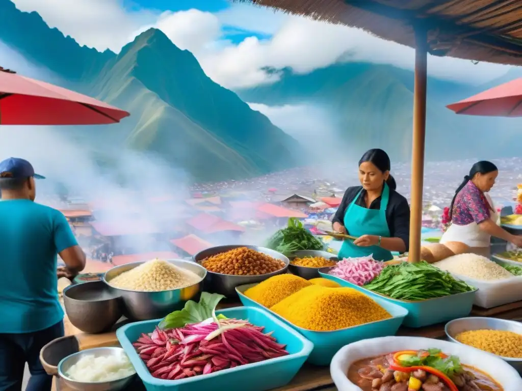 Una vibrante feria gastronómica en Perú con chefs preparando ceviche y lomo saltado, mientras clientes esperan probar