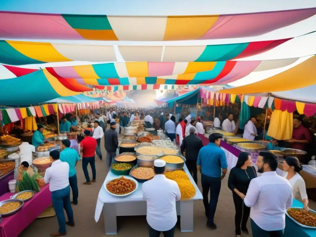 Vibrante feria gastronómica en Perú: chefs cocinando ceviche y lomo saltado, visitantes entusiasmados interactuando con vendedores y banderas de colores ondeando