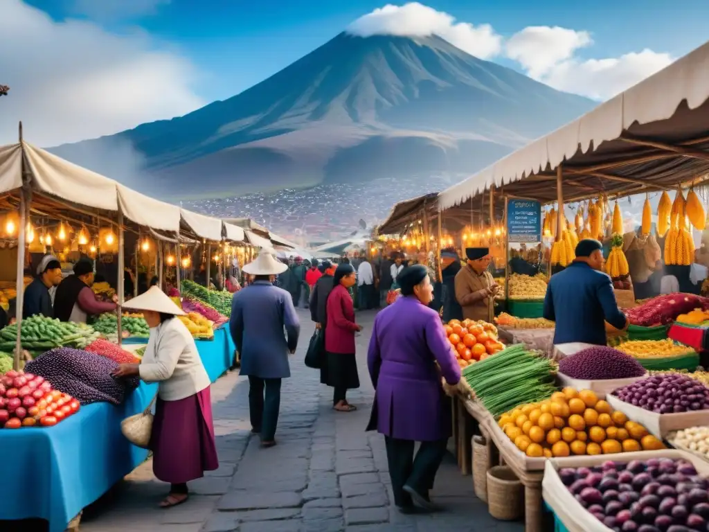 Vibrante festival gastronomía arequipeña Perú: mercado al aire libre en Arequipa con coloridas frutas y verduras, el volcán Misti de fondo