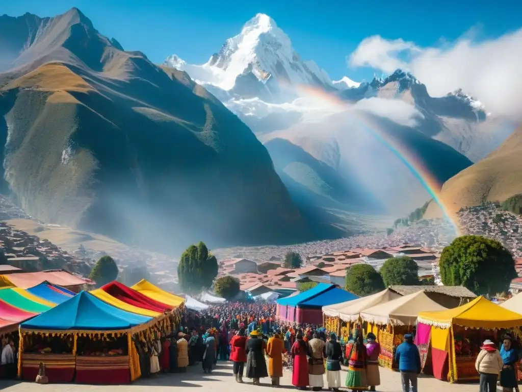 Vibrante Festival del Choclo en Huaraz: plaza llena de textiles andinos, maíz fresco y Cordillera Blanca al fondo