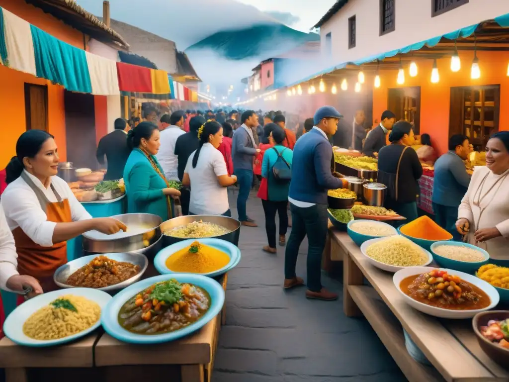 Vibrante festival gastronomía arequipeña en Perú con coloridos puestos de comida y gente disfrutando