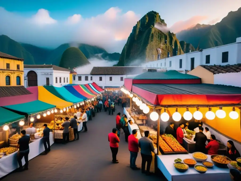 Disfrute del vibrante Festival de comida callejera en Lima, Perú, con coloridos puestos y deliciosos platillos peruanos