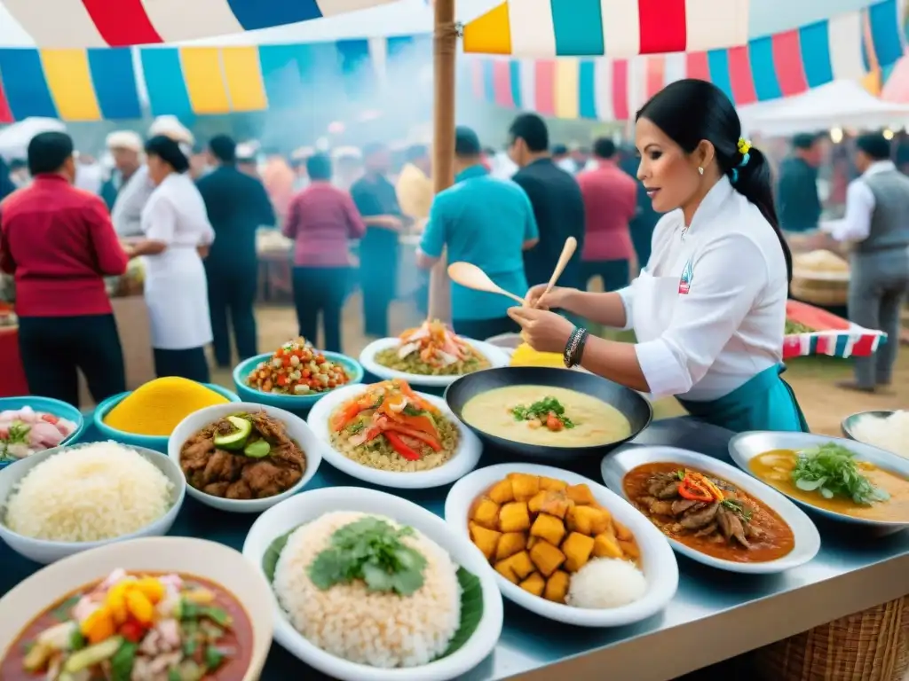 Un vibrante festival culinario en Perú con chefs preparando delicias peruanas