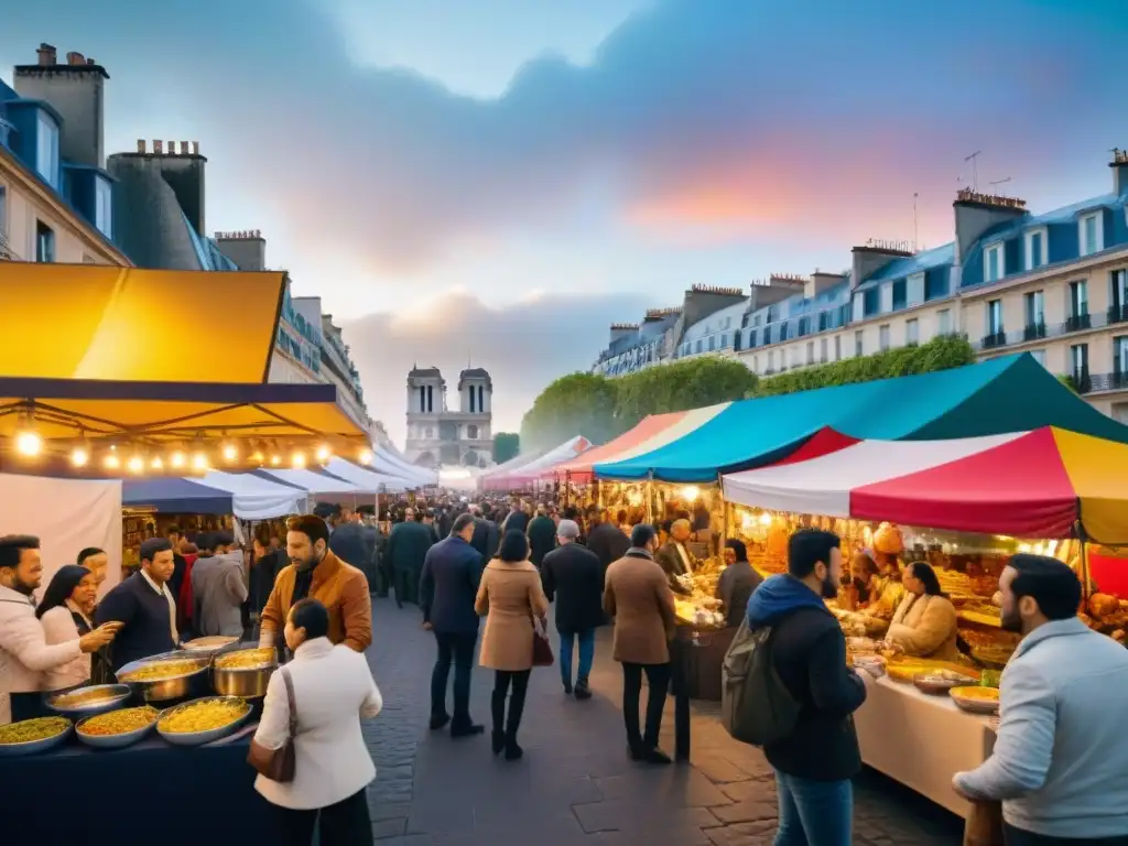 Un vibrante festival culinario en París con un colorido puesto de comida peruana rodeado de entusiastas internacionales