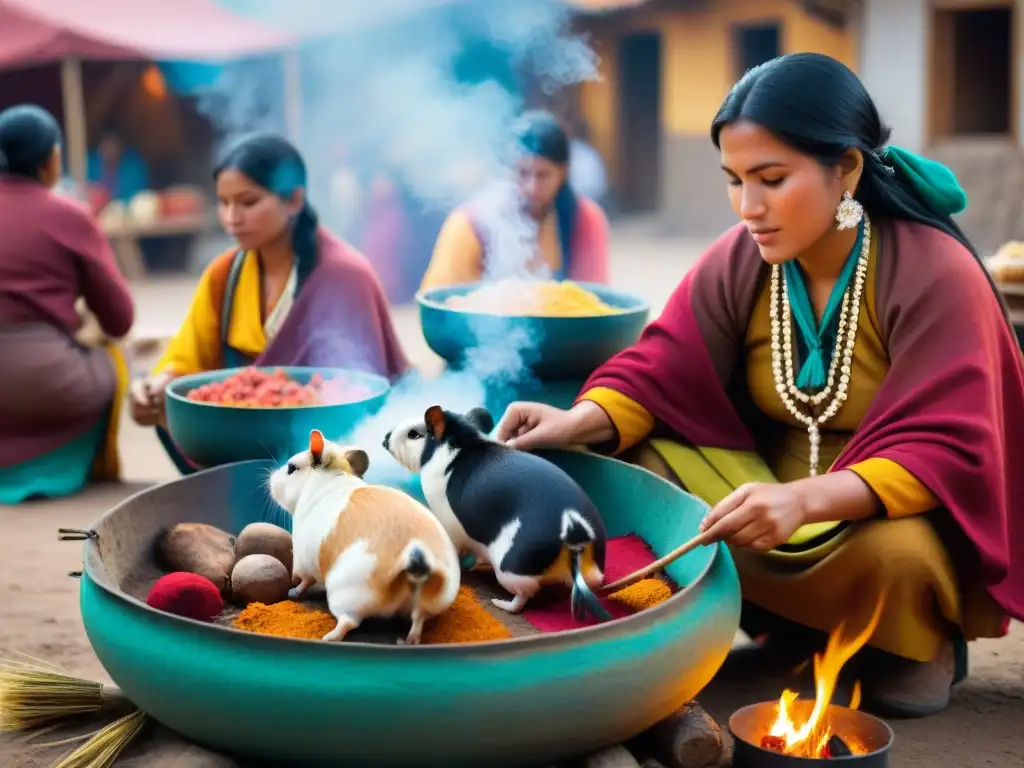 Celebración vibrante del Festival del Cuy en Huancavelica: Mujeres indígenas preparan cuyes en mercado colorido