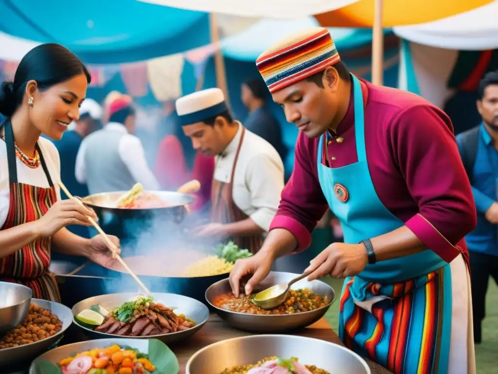 Vibrante festival gastronómico en Perú con chefs locales y platos tradicionales, una experiencia culinaria llena de color y diversidad