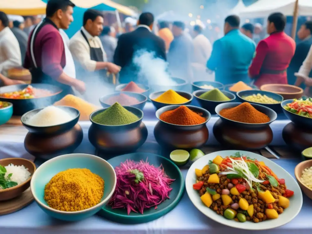 Vibrante festival gastronómico en Perú con chefs preparando ceviche, lomo saltado y causa