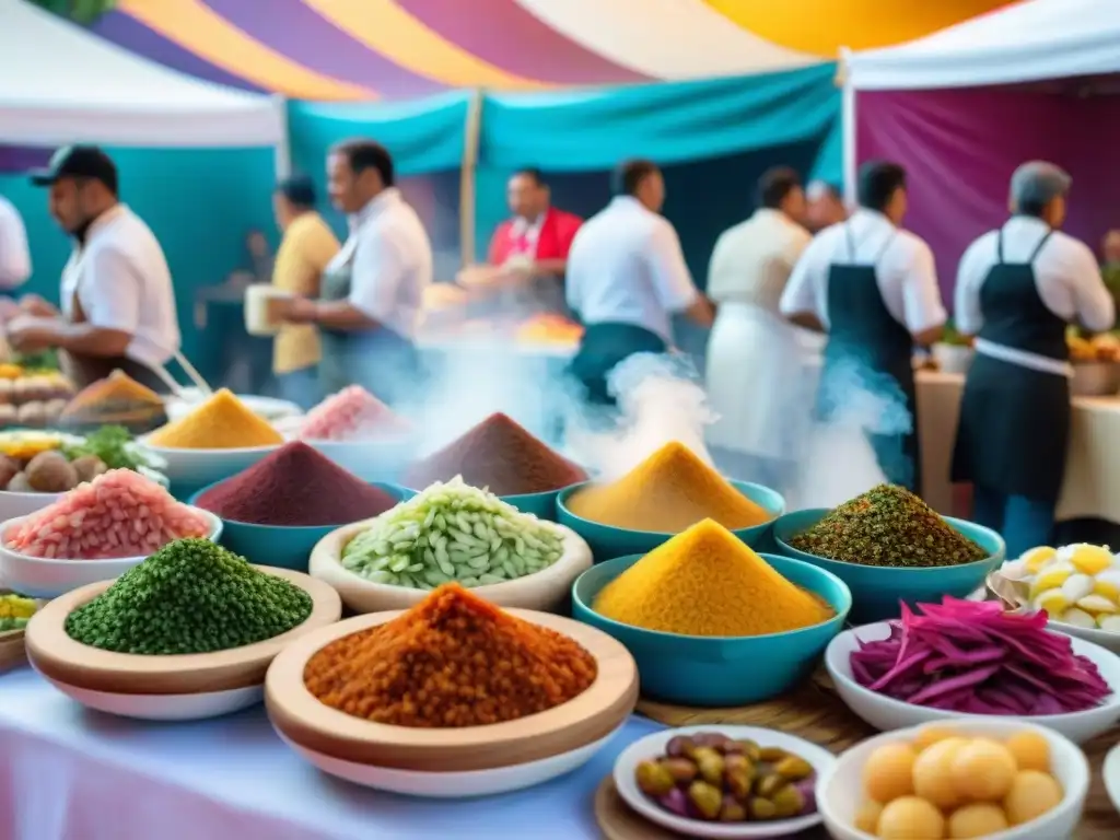 Vibrante festival gastronómico en Perú, con coloridos puestos de comida y chefs preparando platos