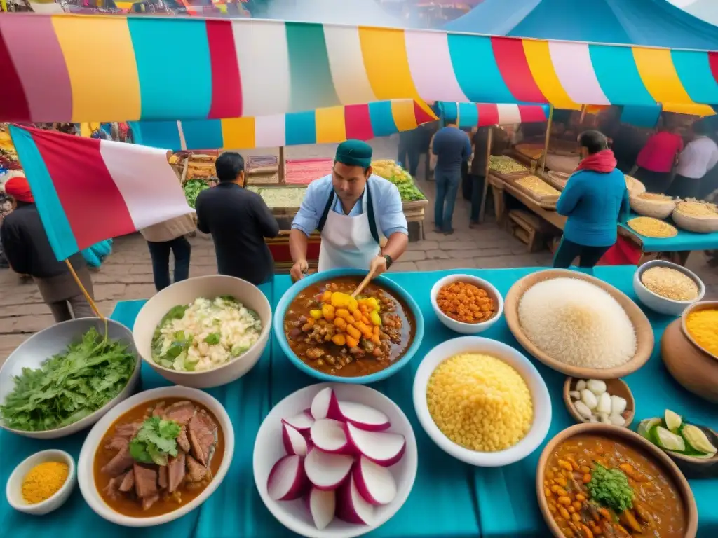 Un vibrante festival gastronómico peruano auténtico con puestos de comida tradicional y ambiente festivo