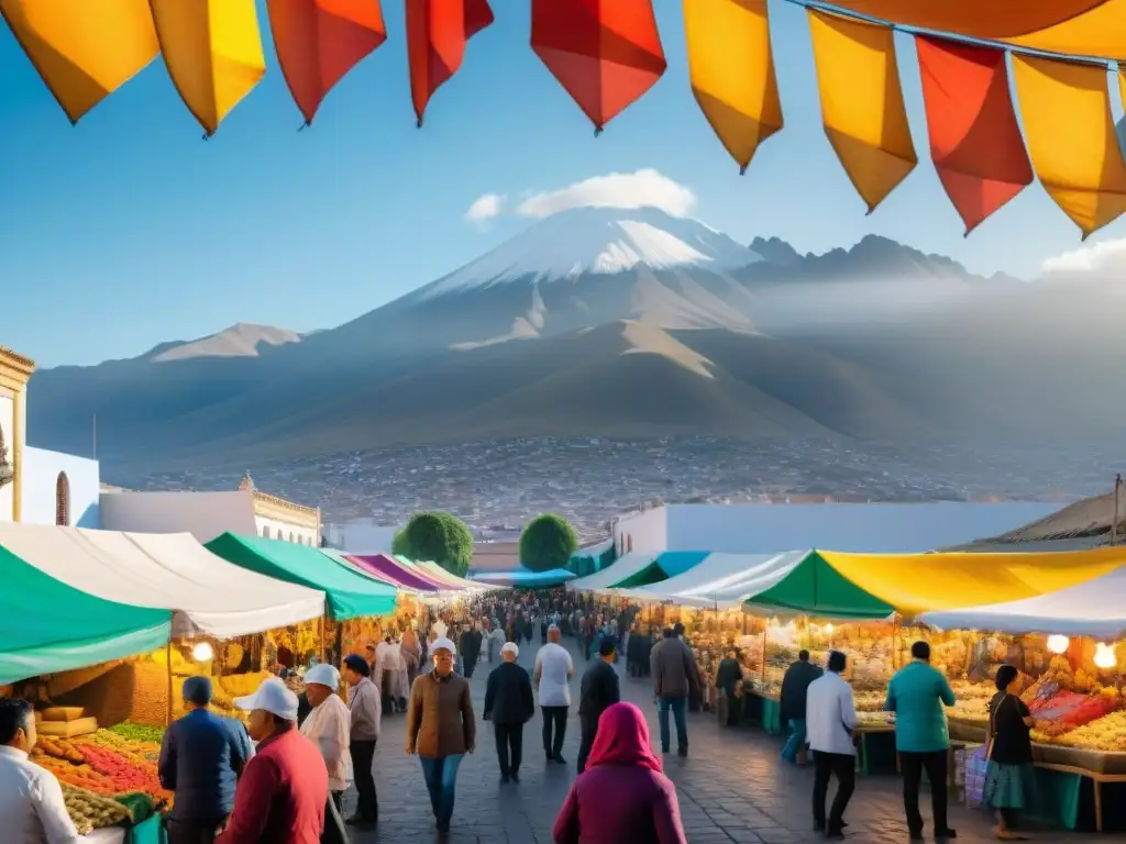 Un vibrante festival gastronómico en Arequipa, Perú, con platos locales como ceviche y rocoto relleno, bajo coloridos toldos