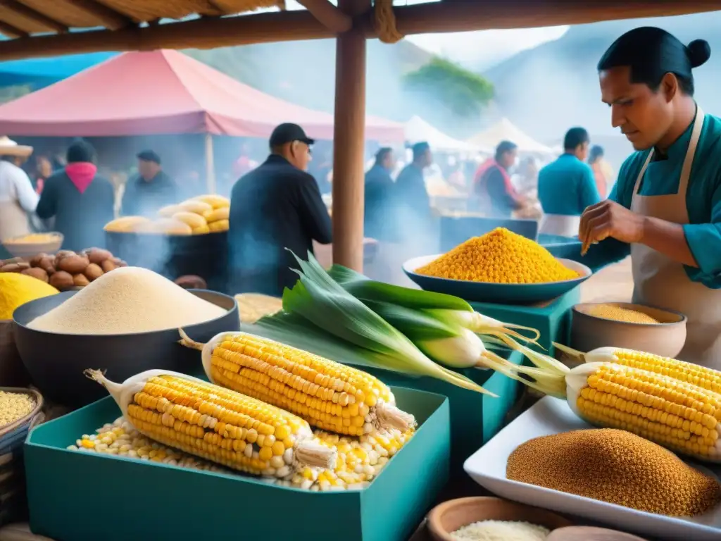 En el vibrante Festival Gastronómico Valle Sagrado Maíz, un chef prepara maíz en una colorida feria culinaria