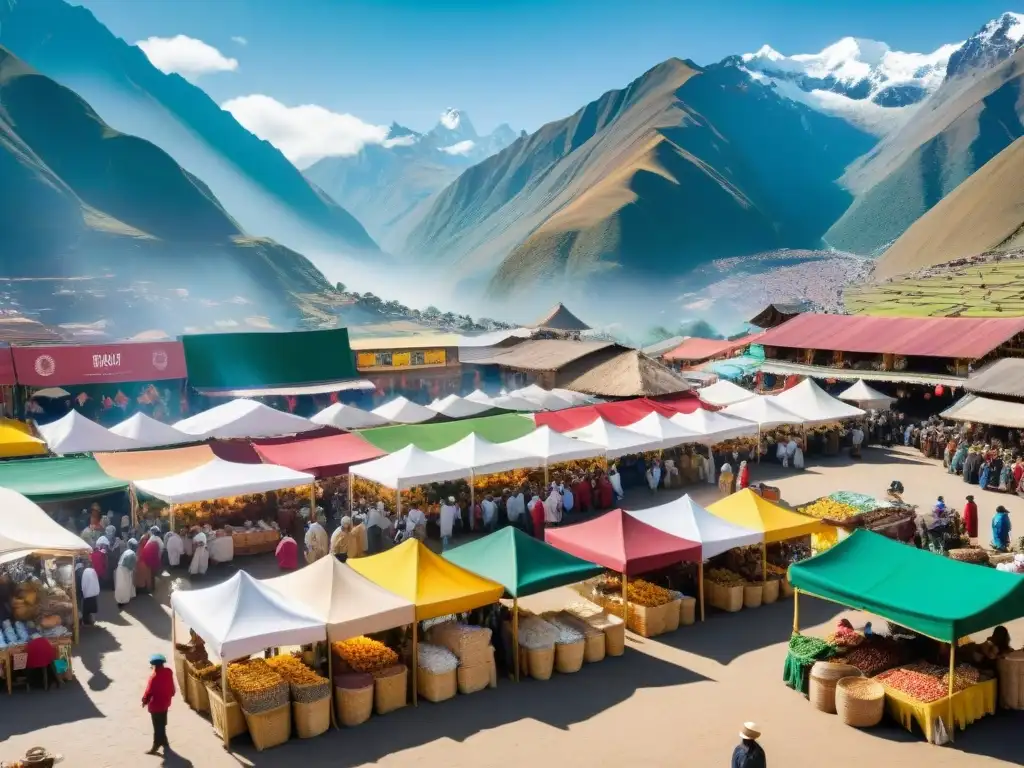 Un vibrante festival gastronómico en la Sierra Peruana: coloridos puestos, platos típicos y ambiente festivo