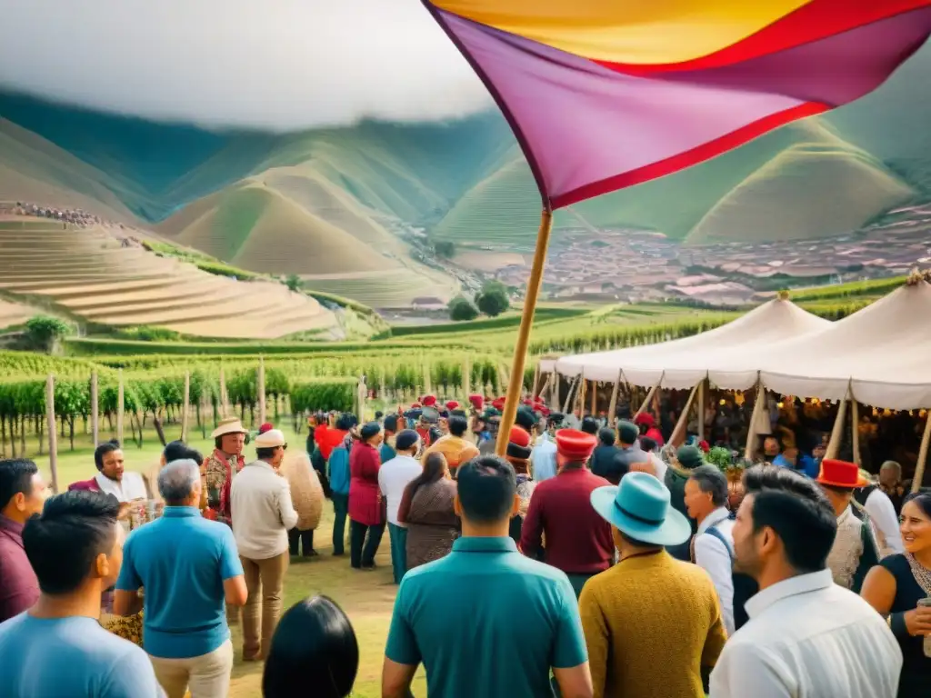 Celebración vibrante en un festival de Piscos y Vinos peruanos, con música en vivo y degustaciones