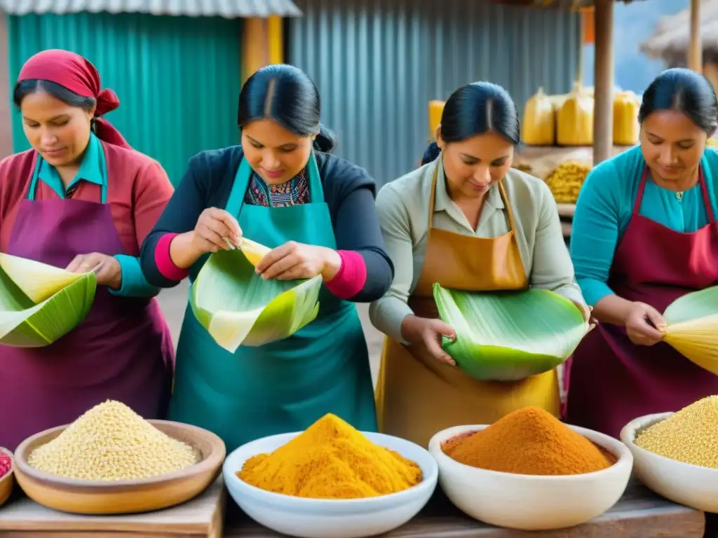 Un vibrante festival de tamales peruanos autóctonos: mujeres envuelven tamales en mercado al aire libre, rodeadas de ingredientes coloridos