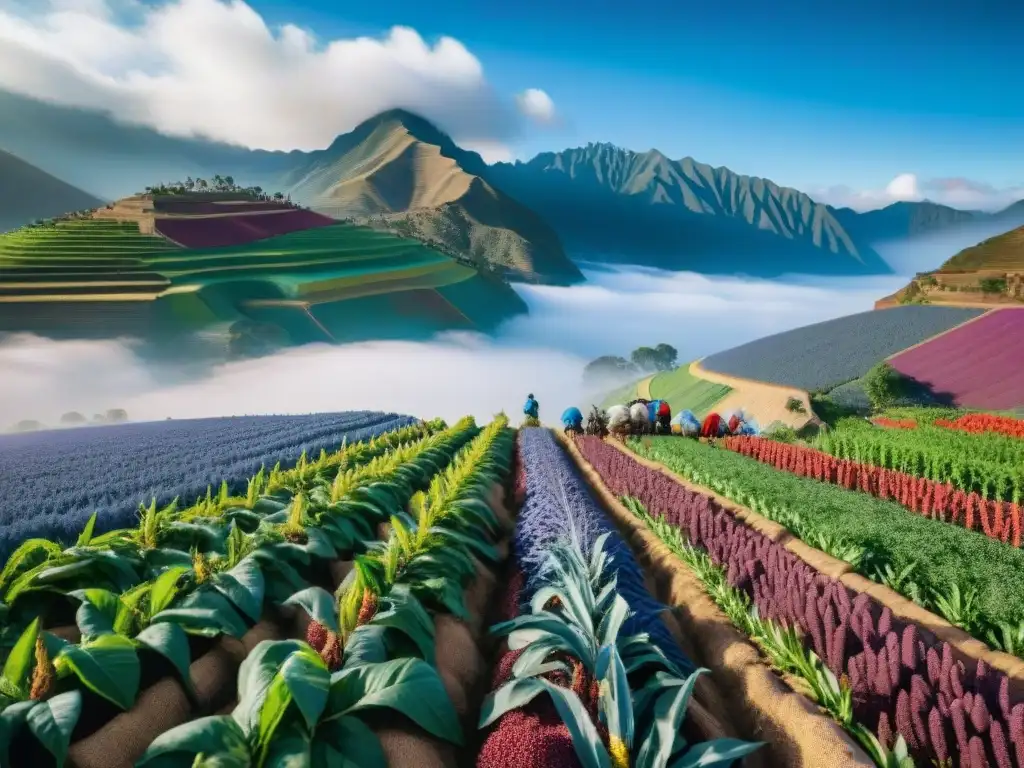 Vibrante granja peruana en los Andes, con cultivos coloridos y agricultores locales en armonía con la naturaleza