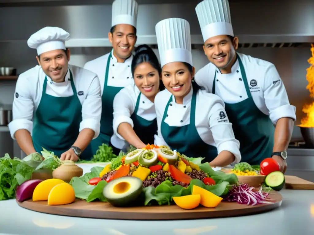 Un vibrante grupo de chefs peruanos innovadores preparando ensaladas con ingredientes peruanos innovadores en una cocina bulliciosa