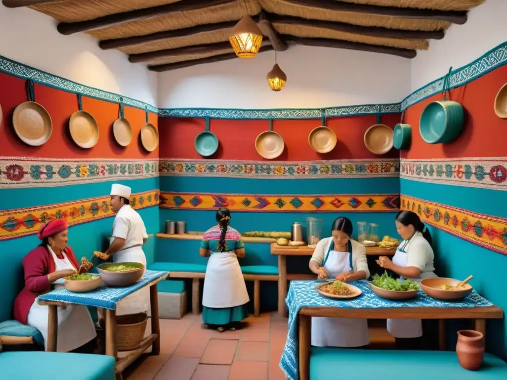 Vibrante huarique peruano con chefs preparando platos tradicionales, clientes ansiosos y decoración andina colorida