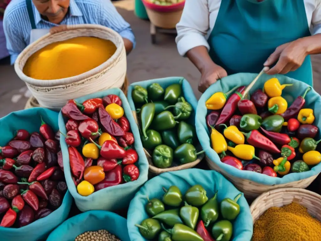 Una vibrante imagen 8k de un mercado peruano con Ají Mirasol