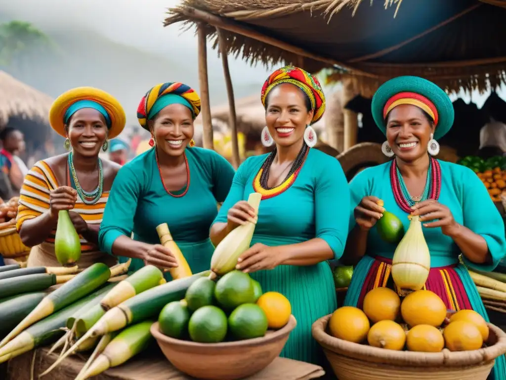 Vibrante mercado afroperuano preparando Agua de Sapo receta tradicional con caña de azúcar y limones, en un ambiente lleno de color y cultura