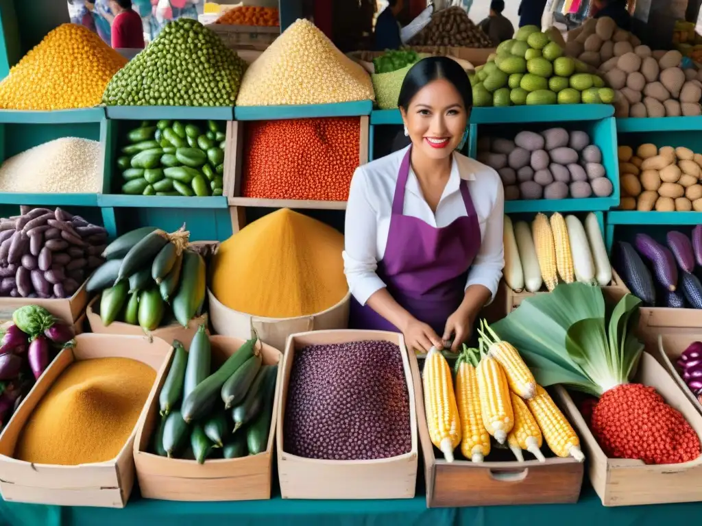 Un vibrante mercado de agricultores en Perú repleto de ingredientes únicos para cursos vegetarianos de gastronomía peruana