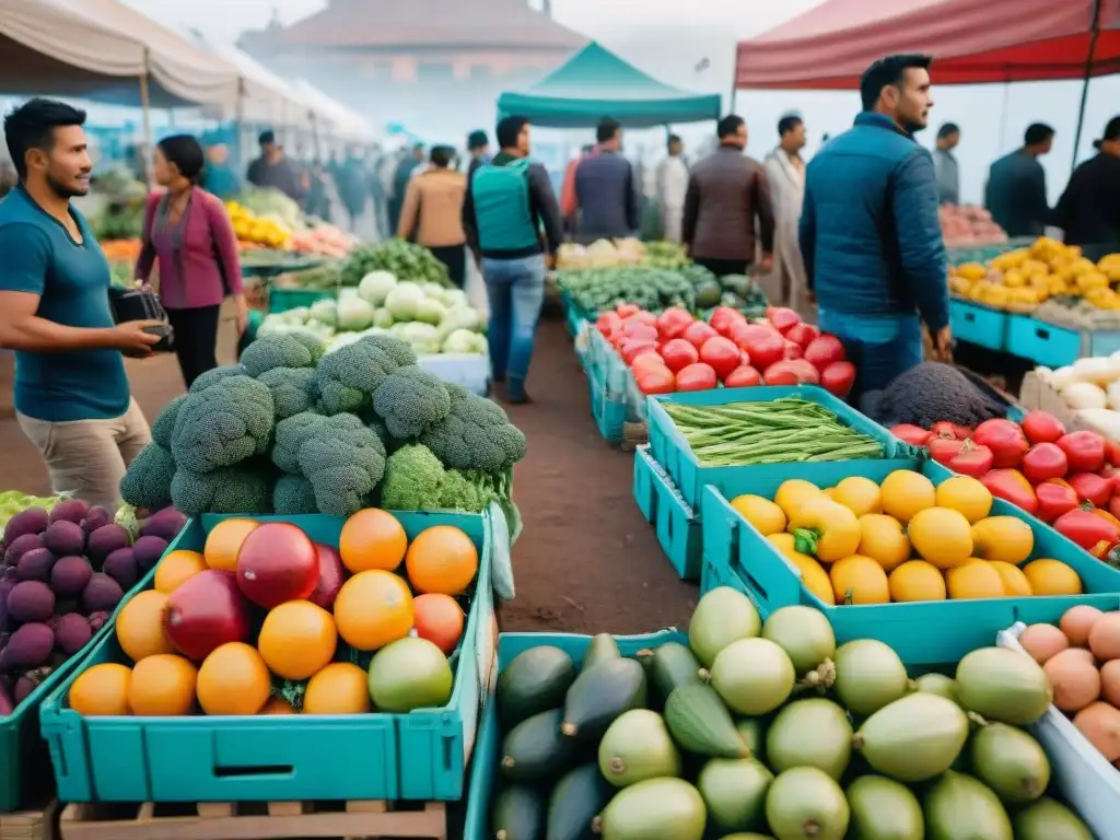 Un vibrante mercado de agricultores en Lima, Perú, con productos frescos y coloridos