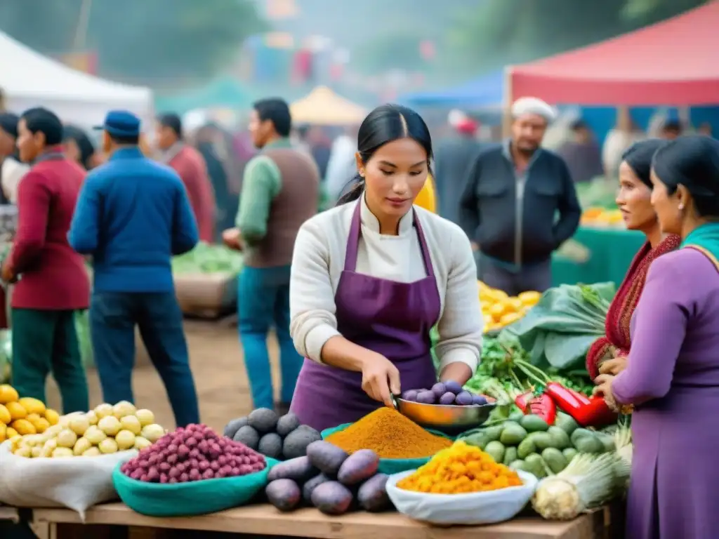 Un vibrante mercado de agricultura sostenible en cocina fusión en Perú, con productos orgánicos y colores autóctonos