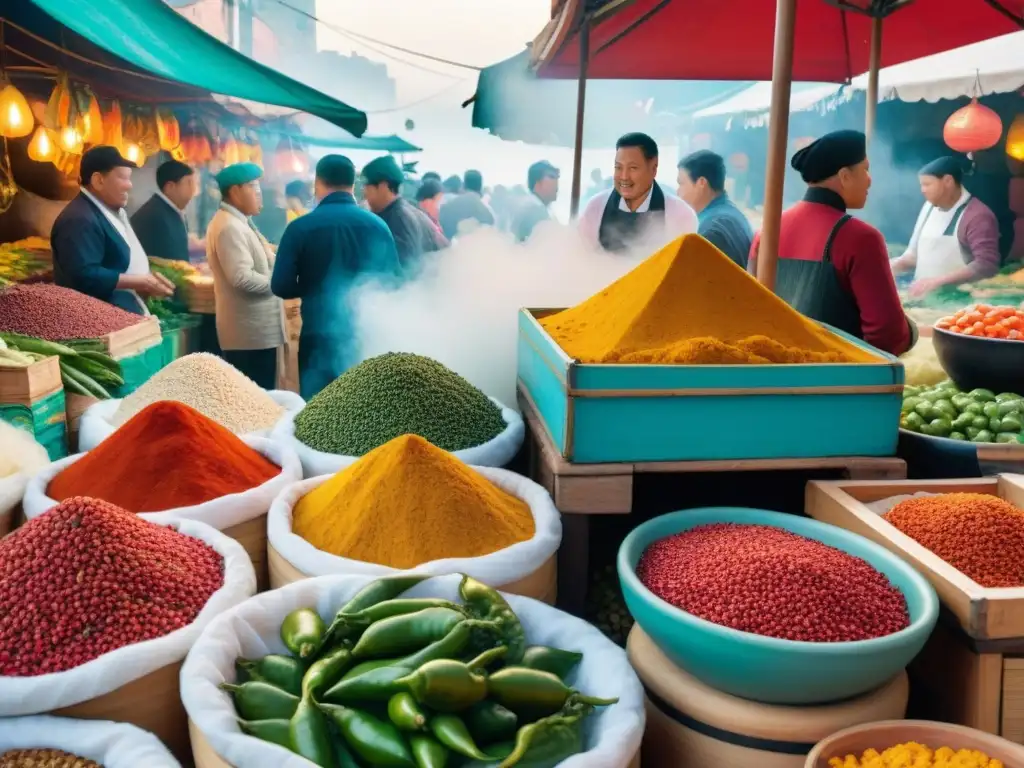 Vibrante mercado al aire libre en Lima, Perú, reflejando la fusión chinoperuana gastronomía peruana con ingredientes coloridos y chefs entusiastas