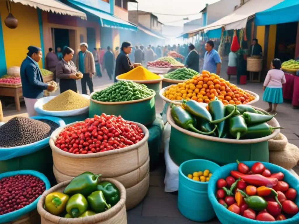 Un vibrante mercado al aire libre en Tacna, Perú, muestra la gastronomía peruana con ingredientes coloridos