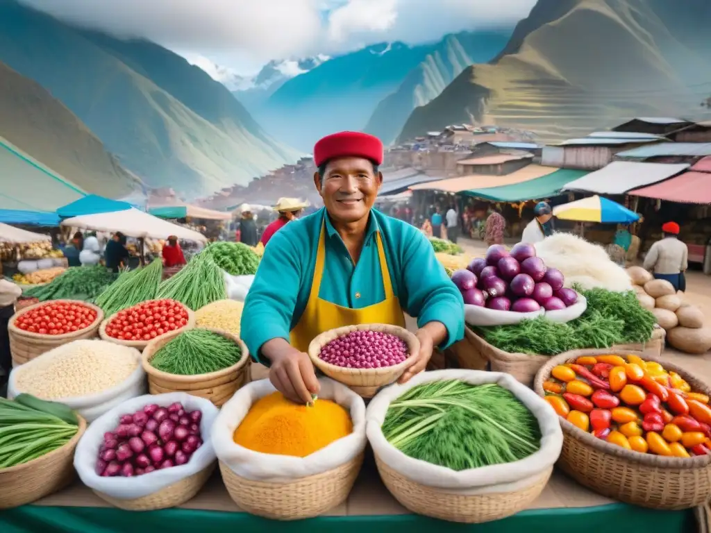 Vibrante mercado al aire libre en Perú con ingredientes autóctonos para receta de escabeche peruano