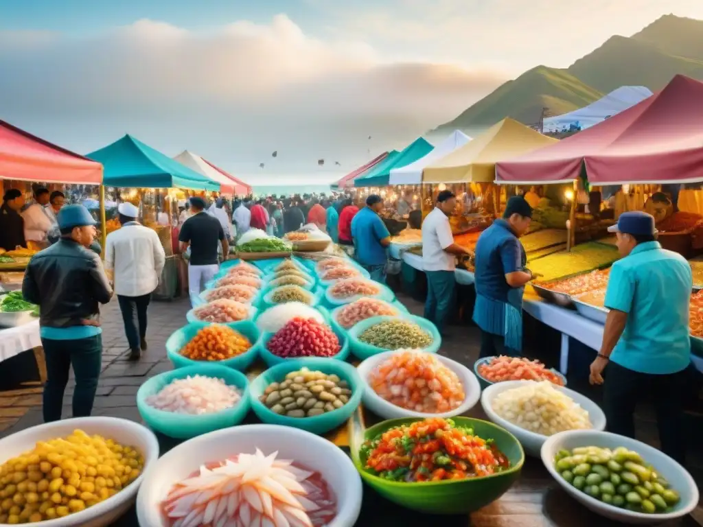 Vibrante mercado al aire libre en el Festival del Ceviche Lima, con puestos coloridos y chefs preparando ceviche tradicional