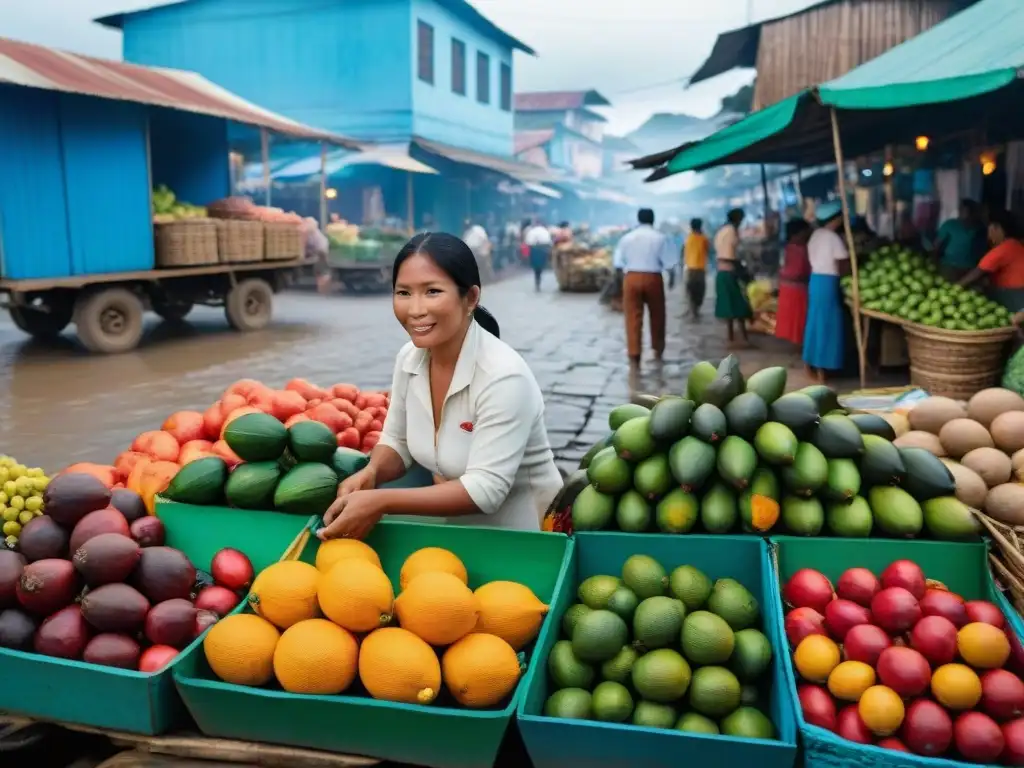 Vibrante mercado al aire libre en Iquitos, Perú, ofreciendo frutas exóticas y pescado fresco