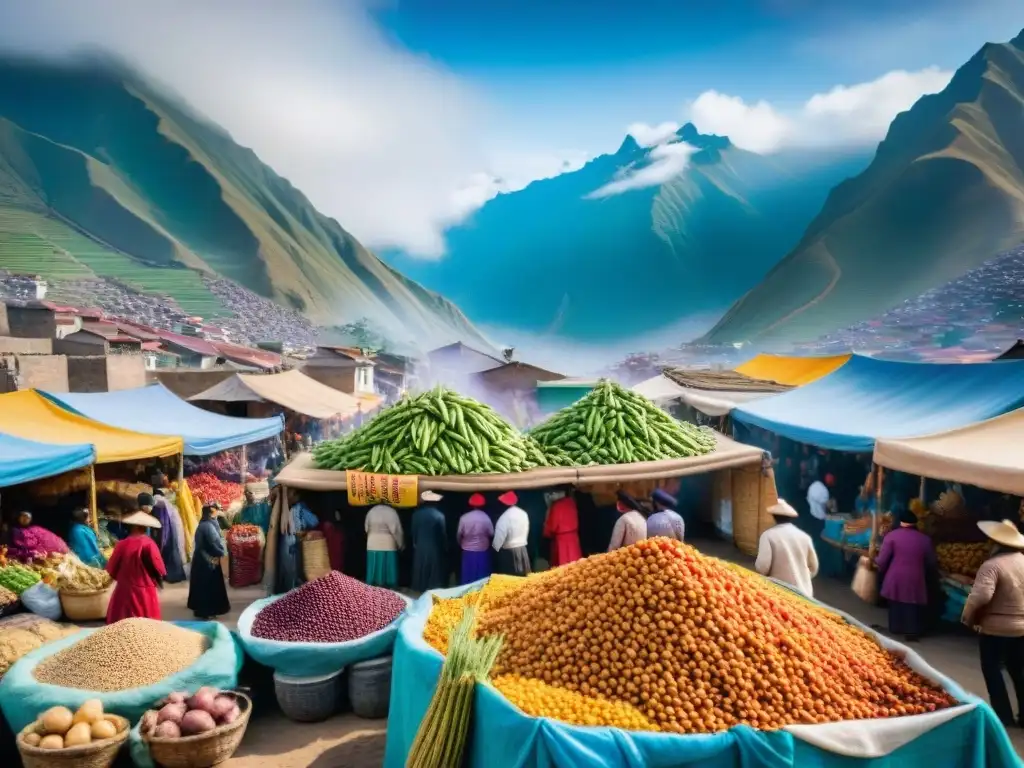 Un vibrante mercado al aire libre en Lima con ingredientes peruanos tradicionales