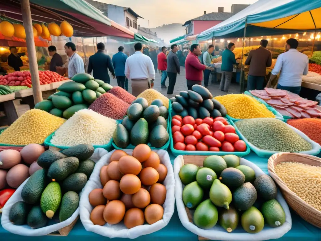 Vibrante mercado al aire libre en Lima, Perú con influencia de cocina italiana en Perú, resaltando colores y sabores