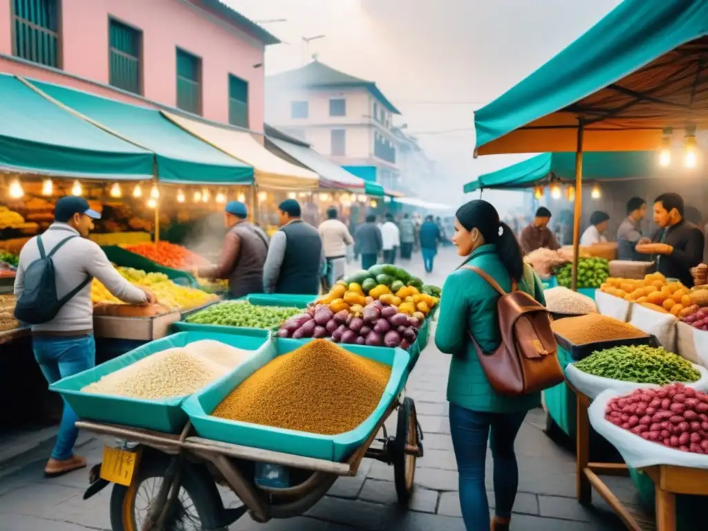 Un vibrante mercado al aire libre en Lima, Perú, fusionando tradición y tecnología en startups gastronómicas