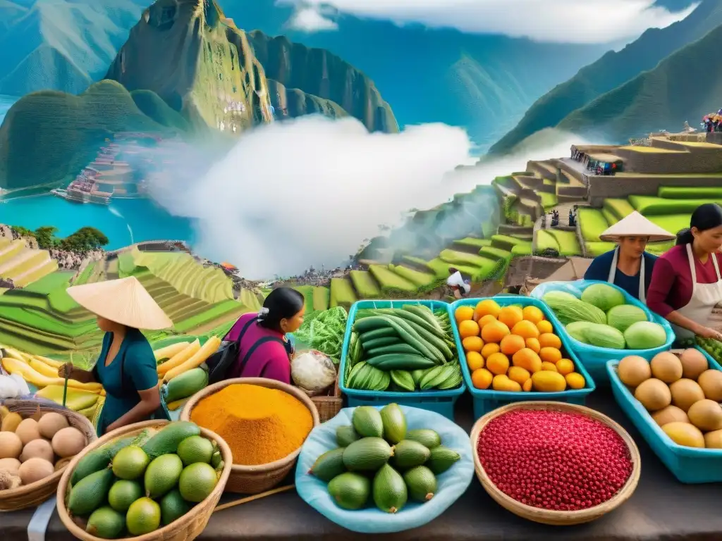 Vibrante mercado al aire libre en Perú, con puestos de frutas, verduras y platos tradicionales