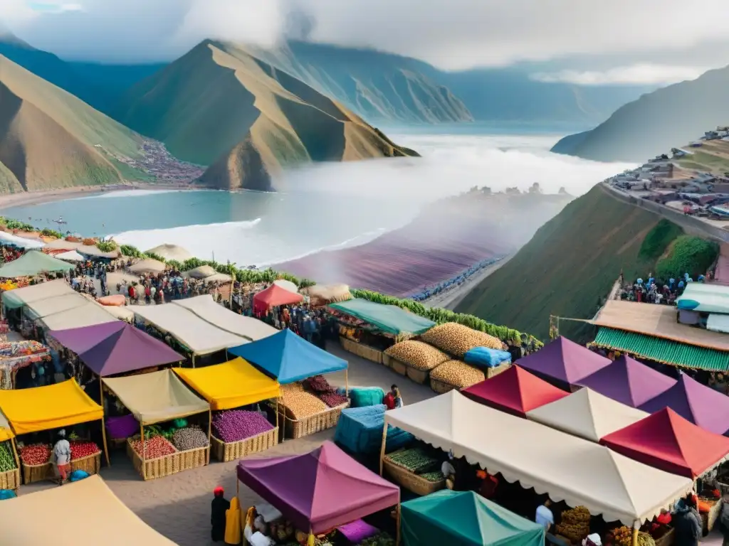 Un vibrante mercado al aire libre en Lima, Perú, con ingredientes autóctonos de la cocina costeña peruana