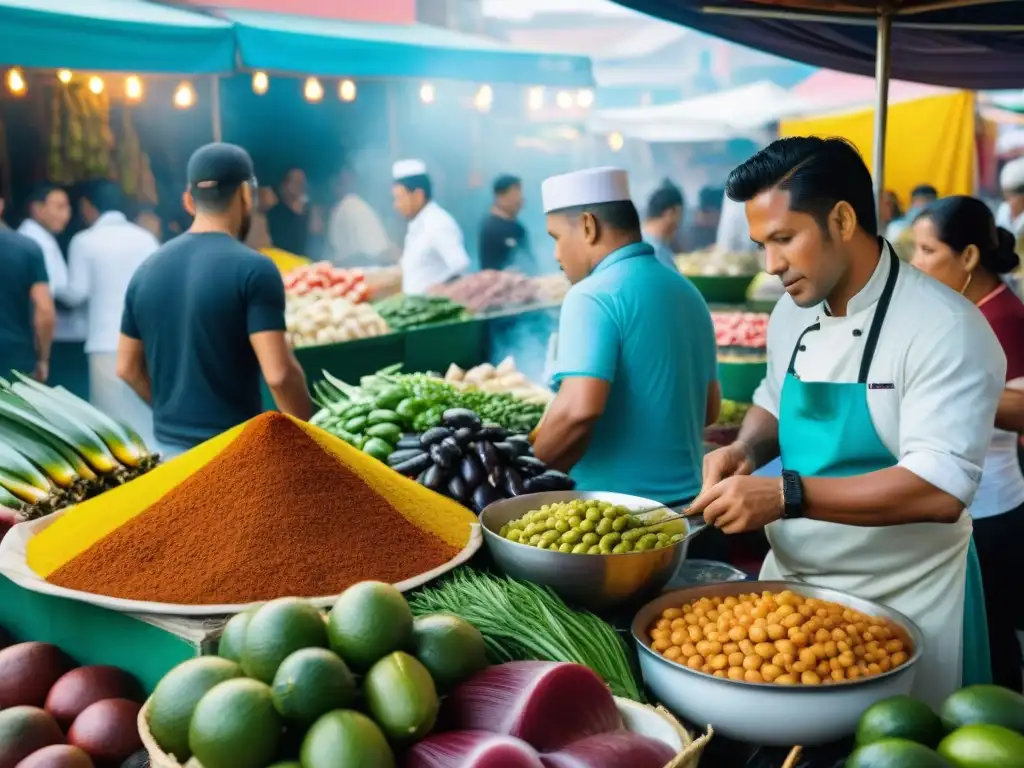 Vibrante mercado de alimentos al aire libre en Lima, Perú, mostrando la innovación culinaria de la ciudad con colores y sabores exóticos