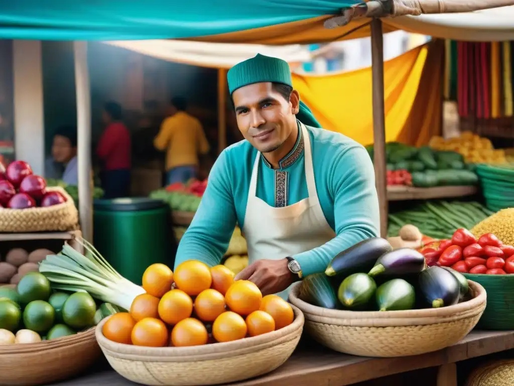 Un vibrante mercado de alimentos en Lima, Perú, fusionando la cocina árabe en la gastronomía peruana