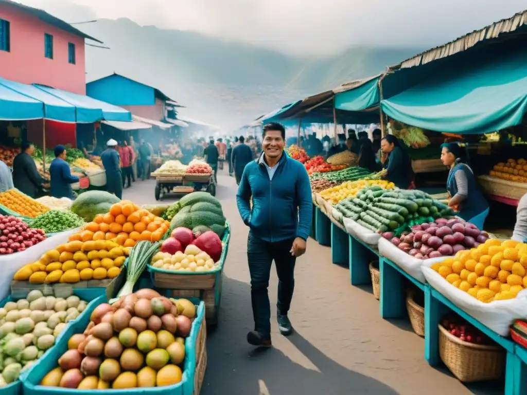 Vibrante mercado de alimentos en Lima, Perú, reflejando la diversidad y espíritu emprendedor