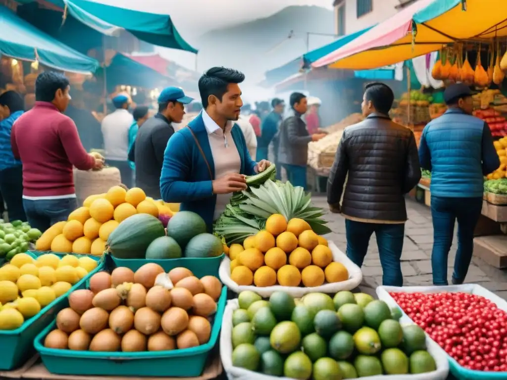 Un vibrante mercado de alimentos en Lima, Perú, reflejando la energía de las startups alimenticias en la capital peruana