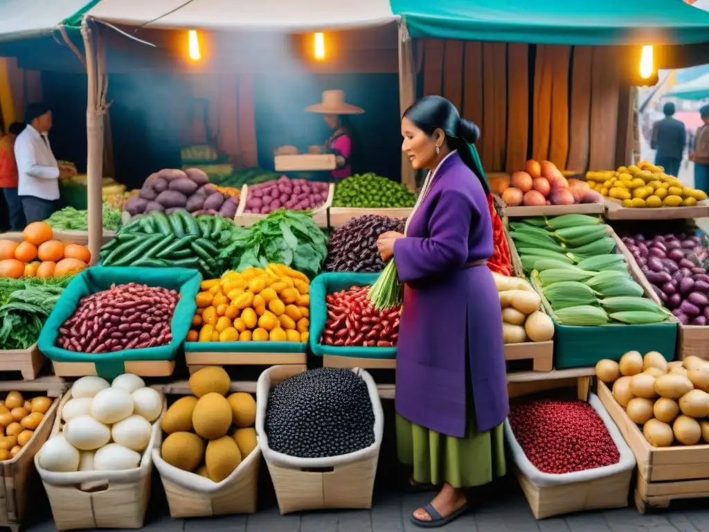 Vibrante mercado de alimentos en Lima, Perú, con ingredientes tradicionales de la cocina regional peruana