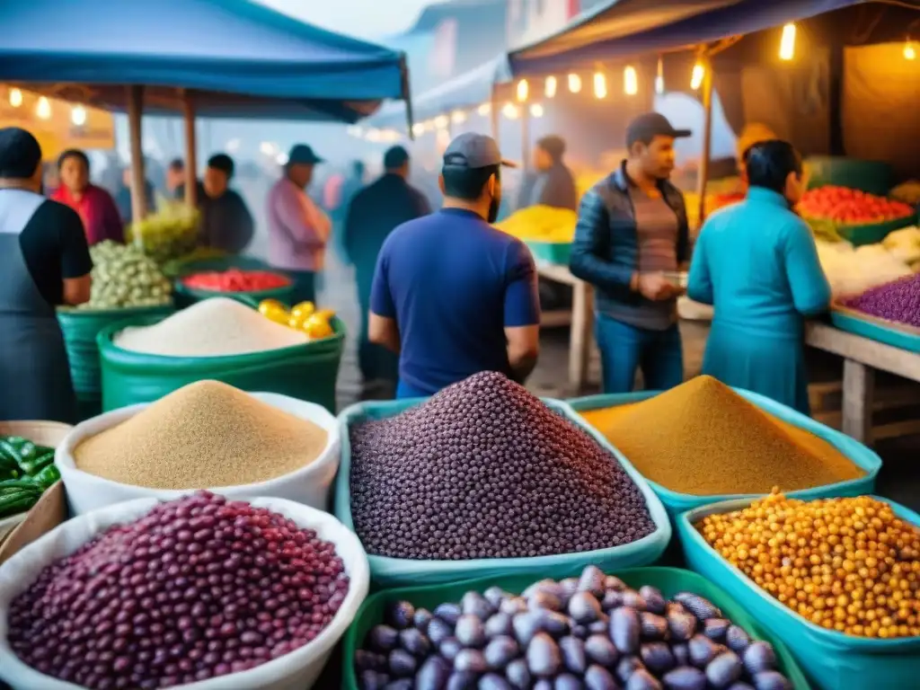 Un vibrante mercado de alimentos en Perú con ingredientes coloridos y vendedores locales, reflejando la riqueza culinaria peruana