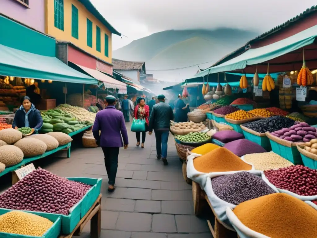 Un vibrante mercado de alimentos en Lima, Perú, con ingredientes coloridos únicos de la gastronomía peruana platos tradicionales contemporáneos