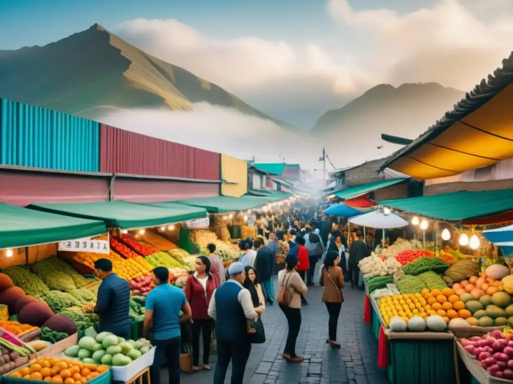 Un vibrante mercado de alimentos en Lima, Perú, con innovadores startups de comida y platos tradicionales